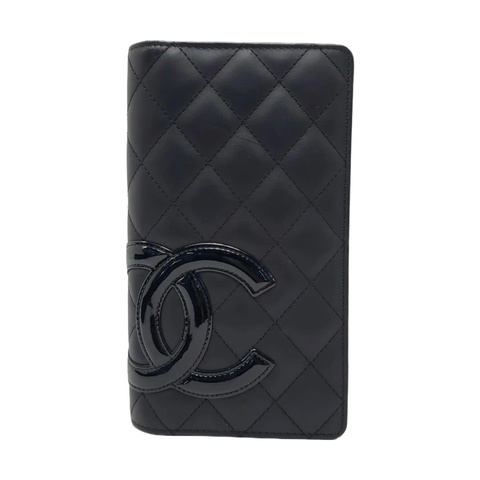 99新 CHANEL CAMBON 黑色牛皮菱格紋絎縫錢包 銀色五金 20開 配件齊全