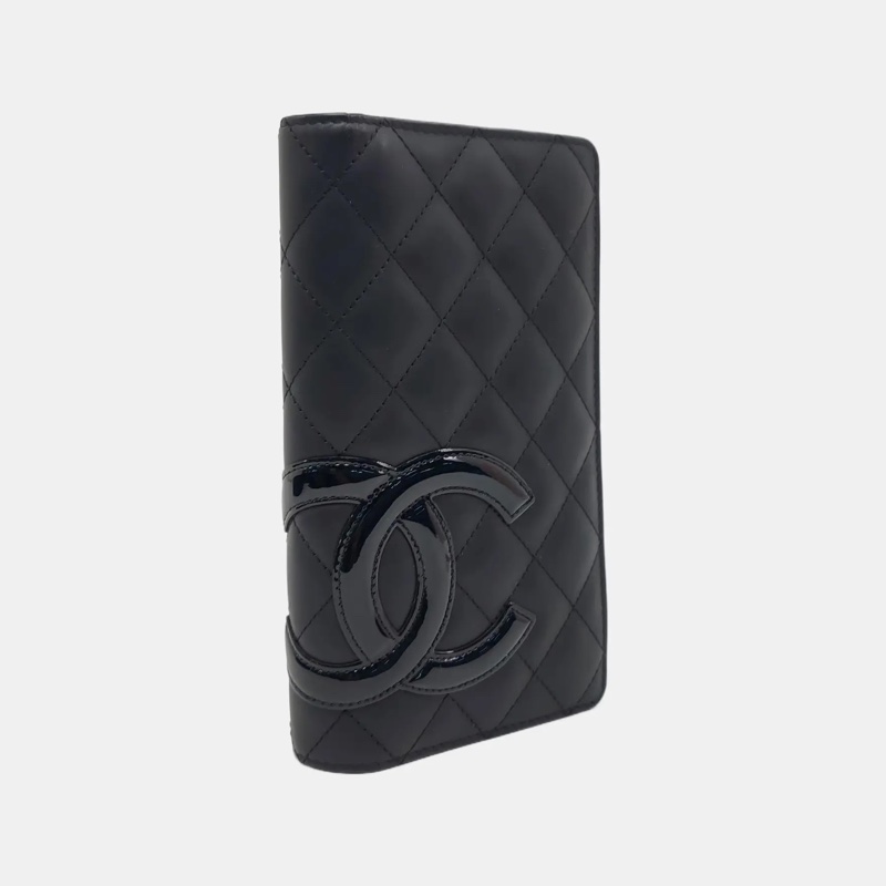 99新 CHANEL CAMBON 黑色牛皮菱格紋絎縫錢包 銀色五金 20開 配件齊全-4