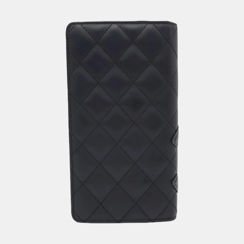 99新 CHANEL CAMBON 黑色牛皮菱格紋絎縫錢包 銀色五金 20開 配件齊全-5