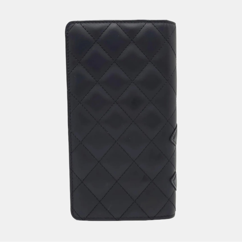 99新 CHANEL CAMBON 黑色牛皮菱格紋絎縫錢包 銀色五金 20開 配件齊全-9