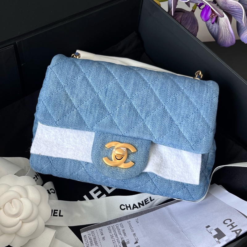 閑置新 Chanel香奈兒金球方胖子調節扣牛仔丹寧藍色-0