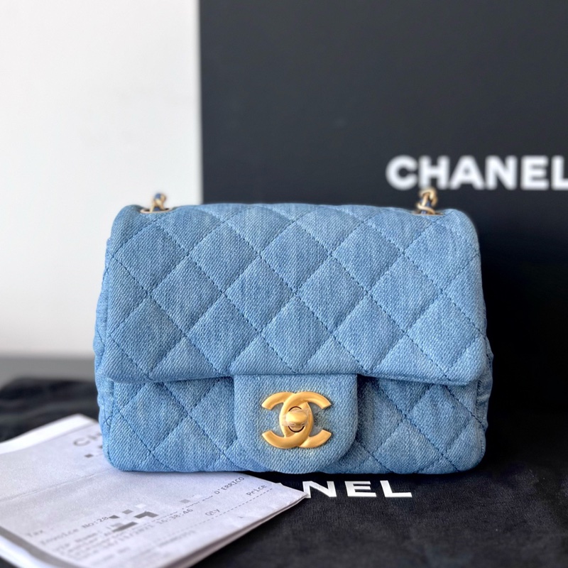 閑置新 Chanel香奈兒金球方胖子調節扣牛仔丹寧藍色-1