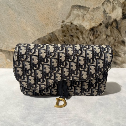 Dior藍提花花帆布Saddle WOC