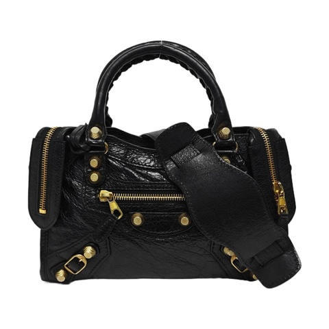 巴黎世家/BALENCIAGA Classic City 迷你 黑色 羊皮鉚釘流蘇機車包單肩包 金色五金 可拆卸肩帶