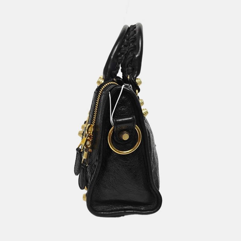 巴黎世家/BALENCIAGA Classic City 迷你 黑色 羊皮鉚釘流蘇機車包單肩包 金色五金 可拆卸肩帶-1