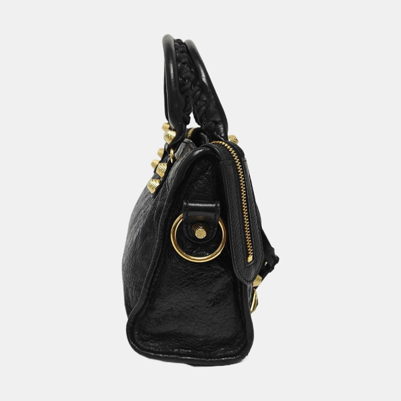 巴黎世家/BALENCIAGA Classic City 迷你 黑色 羊皮鉚釘流蘇機車包單肩包 金色五金 可拆卸肩帶-2