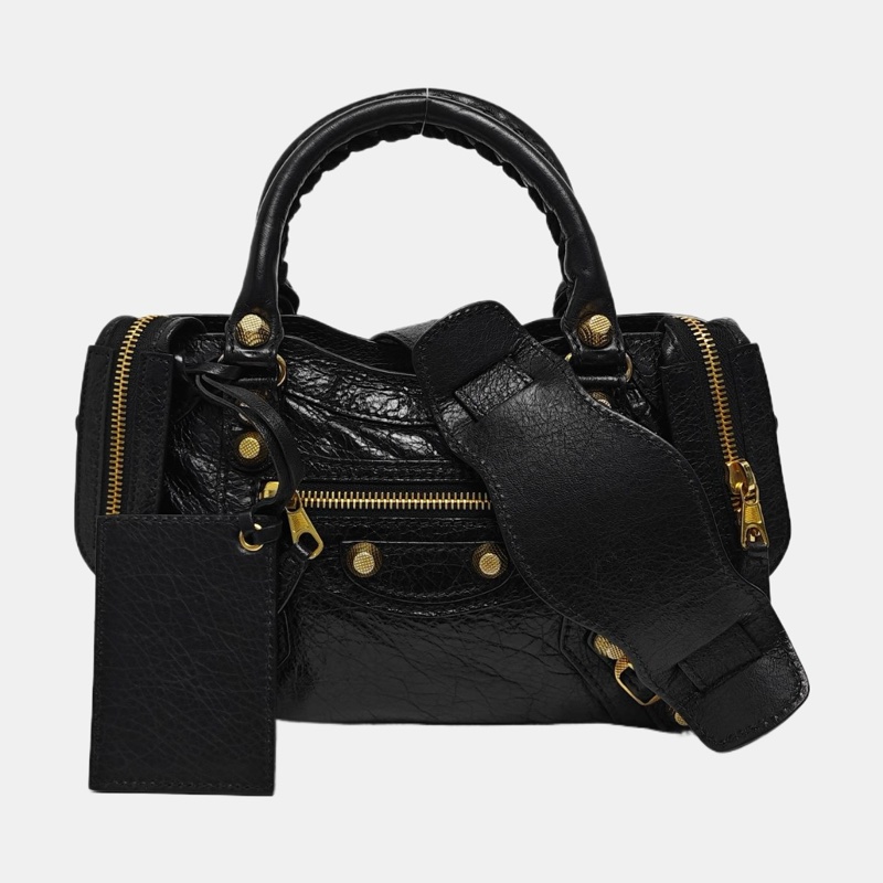 巴黎世家/BALENCIAGA Classic City 迷你 黑色 羊皮鉚釘流蘇機車包單肩包 金色五金 可拆卸肩帶-6