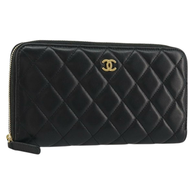 【日本直送】香奈兒 (CHANEL) 絎縫長款錢包，羊皮材質，黑色，金色雙C標誌，型號 am11540A-0