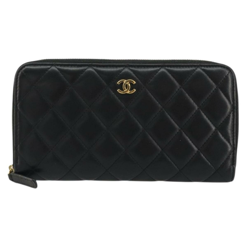 【日本直送】香奈兒 (CHANEL) 絎縫長款錢包，羊皮材質，黑色，金色雙C標誌，型號 am11540A-12