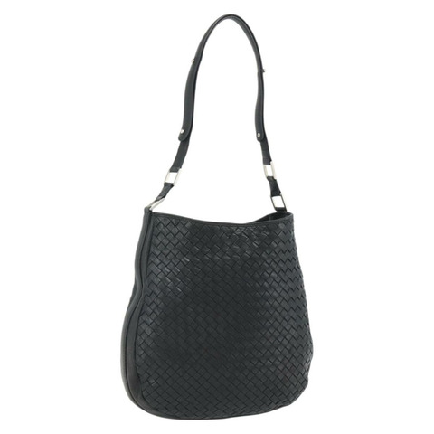 BOTTEGA VENETA INTRECCIATO 皮革肩背包 黑色 銀色 正品 177787A