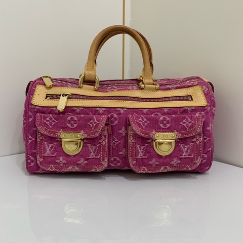 lv/路易威登 中古款 玫紅色牛仔老花波士頓 手提包