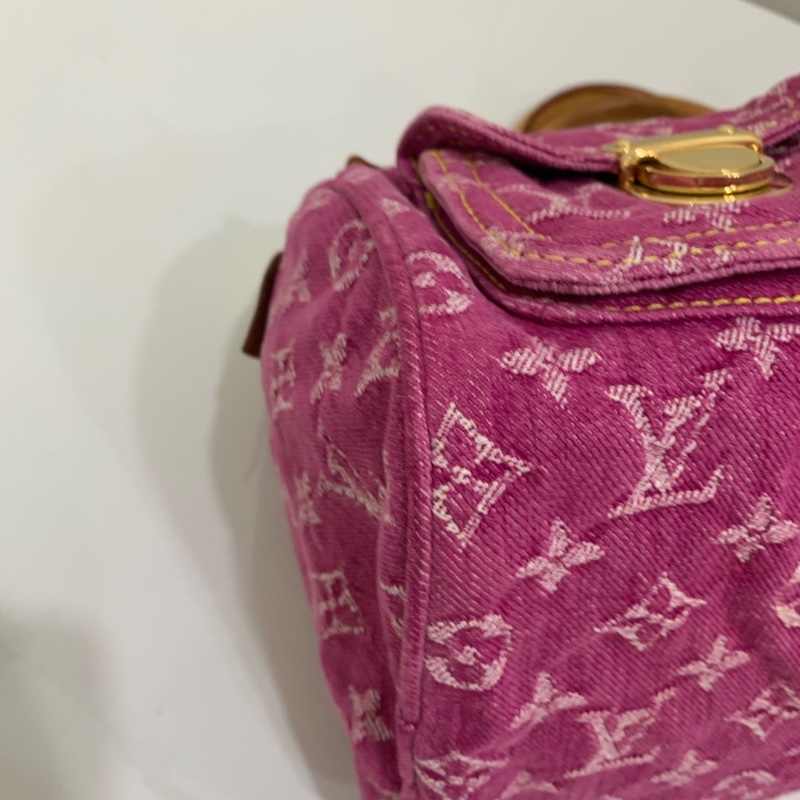 lv/路易威登 中古款 玫紅色牛仔老花波士頓 手提包-5