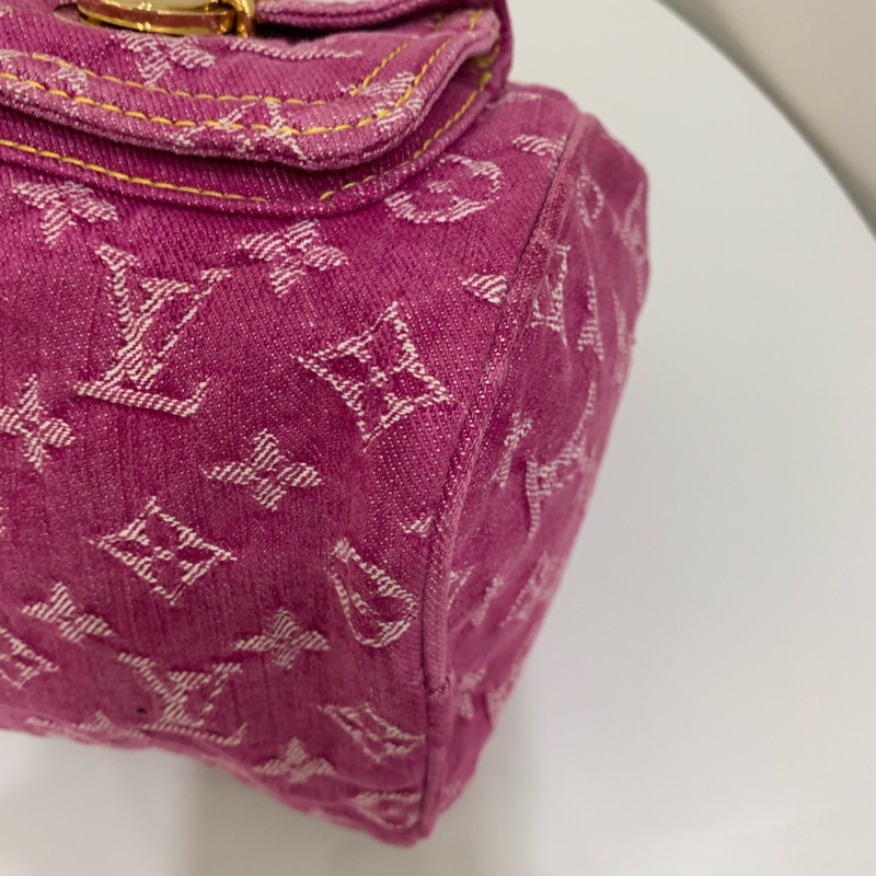 lv/路易威登 中古款 玫紅色牛仔老花波士頓 手提包-6
