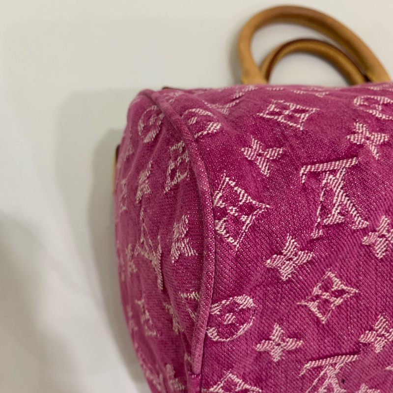 lv/路易威登 中古款 玫紅色牛仔老花波士頓 手提包-7