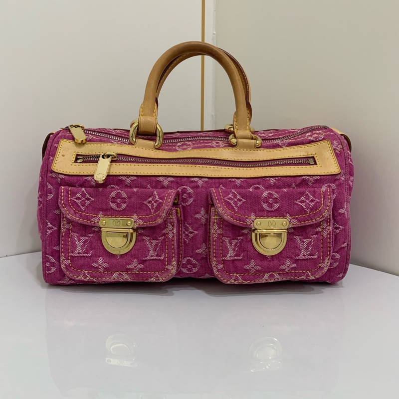 lv/路易威登 中古款 玫紅色牛仔老花波士頓 手提包-9
