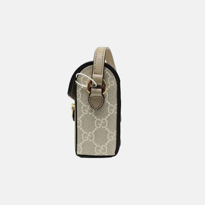 9.9新GUCCI Horsebit 1955 迷你 白色塗層帆布老花馬銜扣單肩包斜挎包 金色五金-1