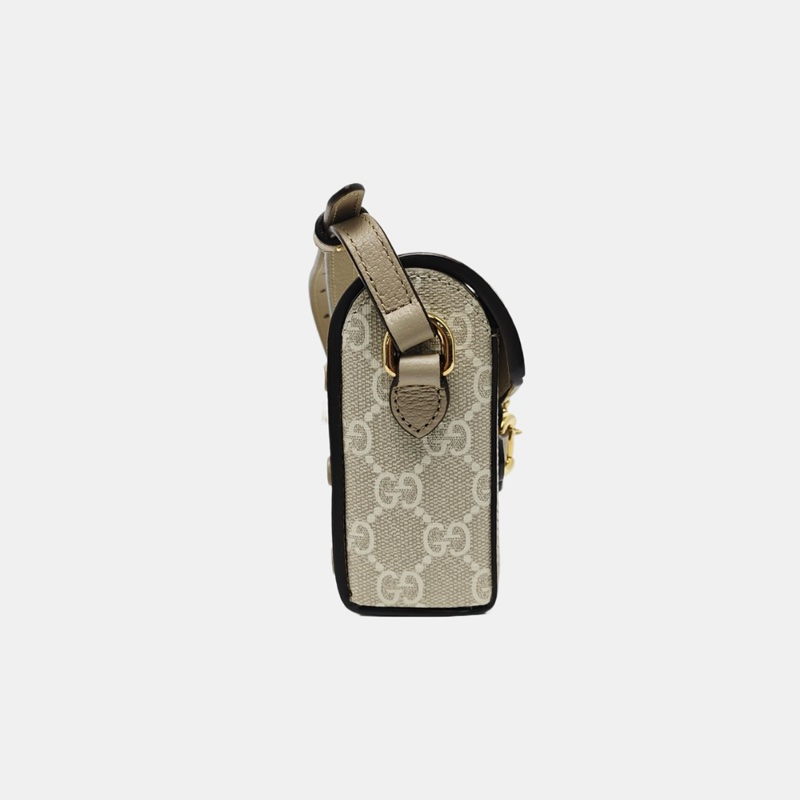 9.9新GUCCI Horsebit 1955 迷你 白色塗層帆布老花馬銜扣單肩包斜挎包 金色五金-2