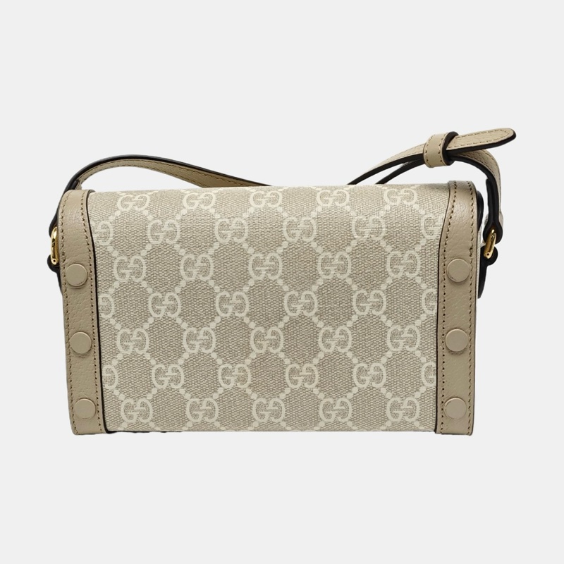 9.9新GUCCI Horsebit 1955 迷你 白色塗層帆布老花馬銜扣單肩包斜挎包 金色五金-3