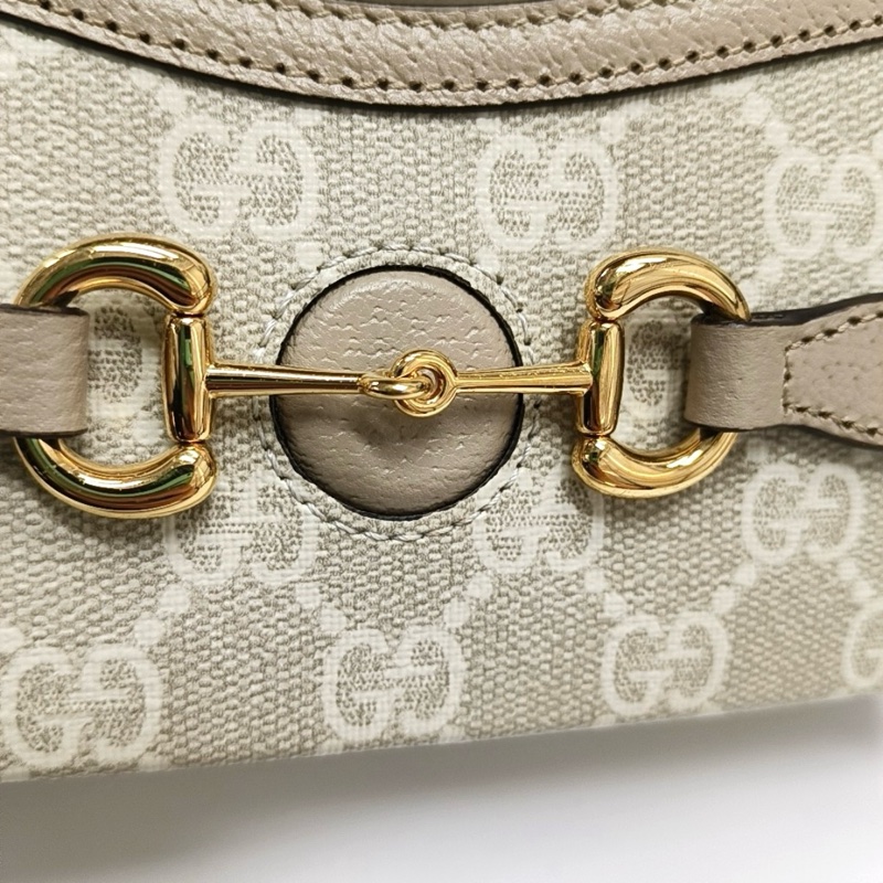 9.9新GUCCI Horsebit 1955 迷你 白色塗層帆布老花馬銜扣單肩包斜挎包 金色五金-6