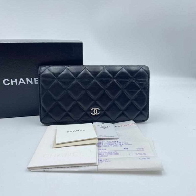 香奈兒/Chanel 經典黑色款長款錢包 14開黑色羊皮 搭配銀色金屬雙C扣 低調奢華-0