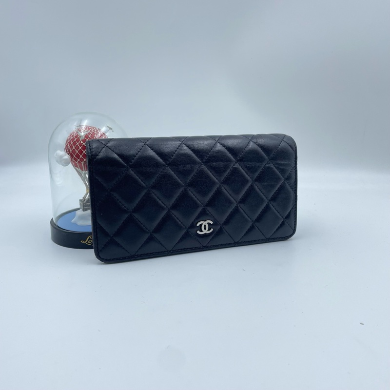 香奈兒/Chanel 經典黑色款長款錢包 14開黑色羊皮 搭配銀色金屬雙C扣 低調奢華-1