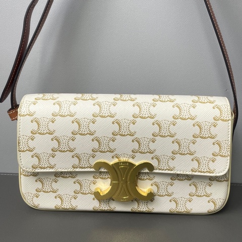 CELINE/賽琳 21年 Claude 凱旋門標誌經典滿印老花金屬質感鎖扣 牛皮革 腋下包單肩包 女款 白色/卡其色 尺寸：20*10*4