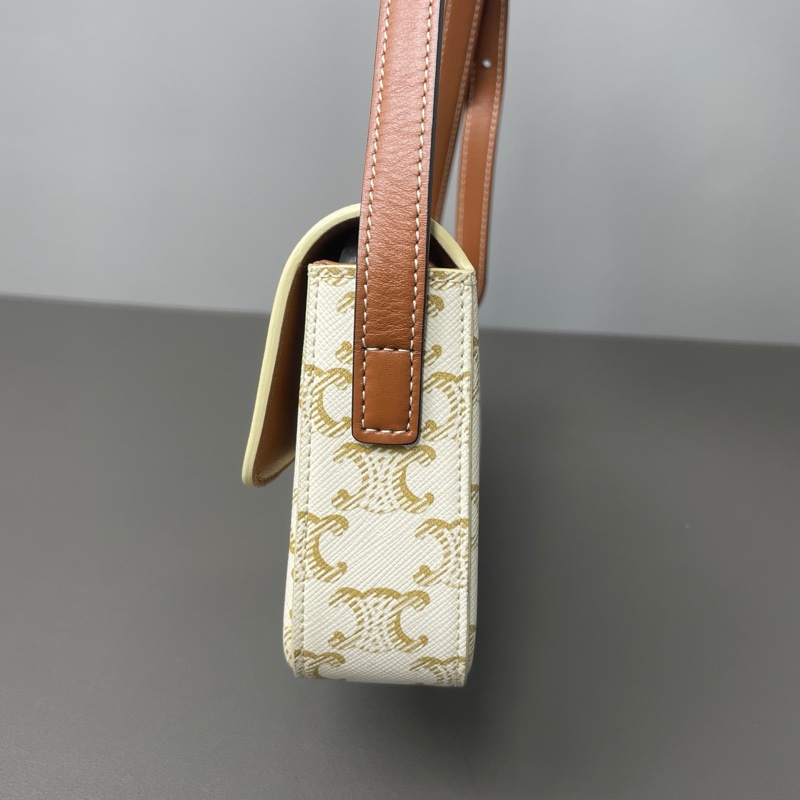CELINE/賽琳 21年 Claude 凱旋門標誌經典滿印老花金屬質感鎖扣 牛皮革 腋下包單肩包 女款 白色/卡其色 尺寸：20*10*4-3