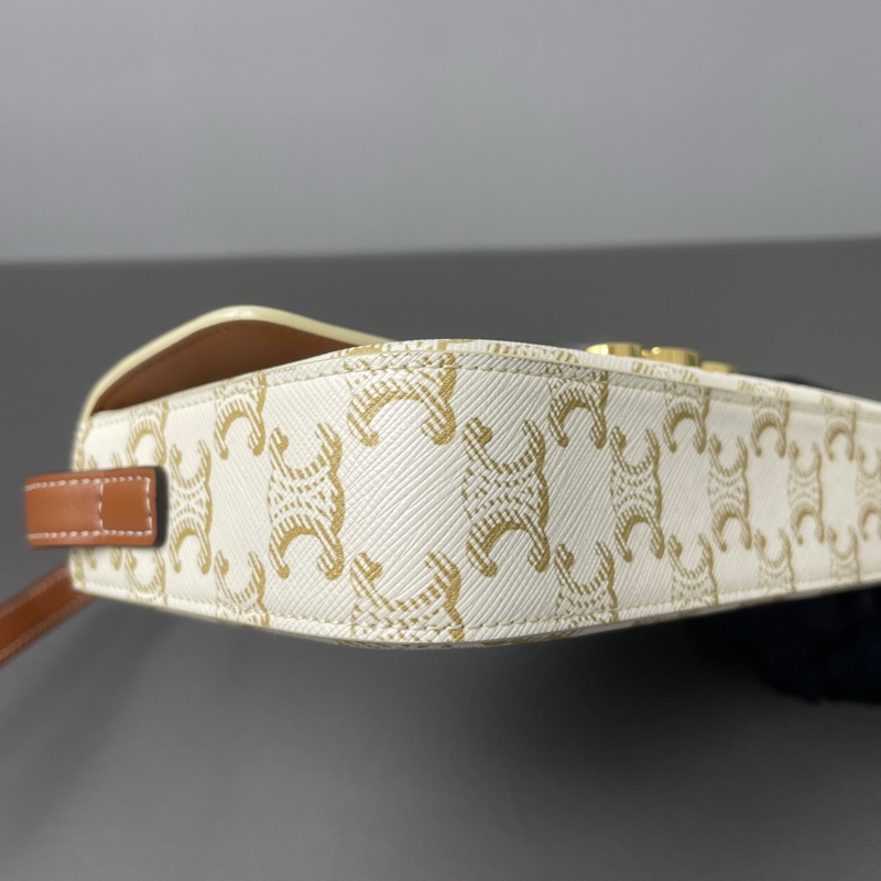 CELINE/賽琳 21年 Claude 凱旋門標誌經典滿印老花金屬質感鎖扣 牛皮革 腋下包單肩包 女款 白色/卡其色 尺寸：20*10*4-4