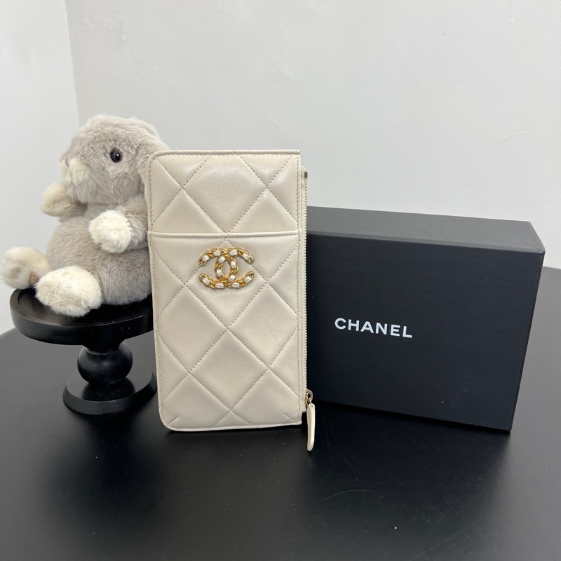 Chanel/香奈兒 米色全皮19bag系列 手拿零錢包卡包手機包 30開有保卡-0