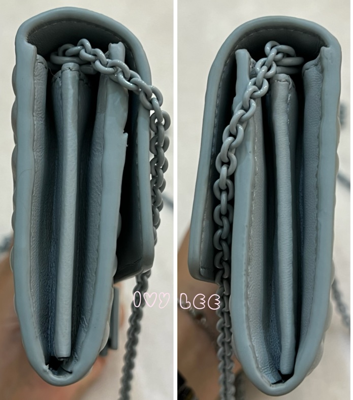 Fendi 8M0365 Baguette FF 立體浮雕小羊皮 WOC 長款皮夾配飾鏈 灰藍 正品 二手精品-16