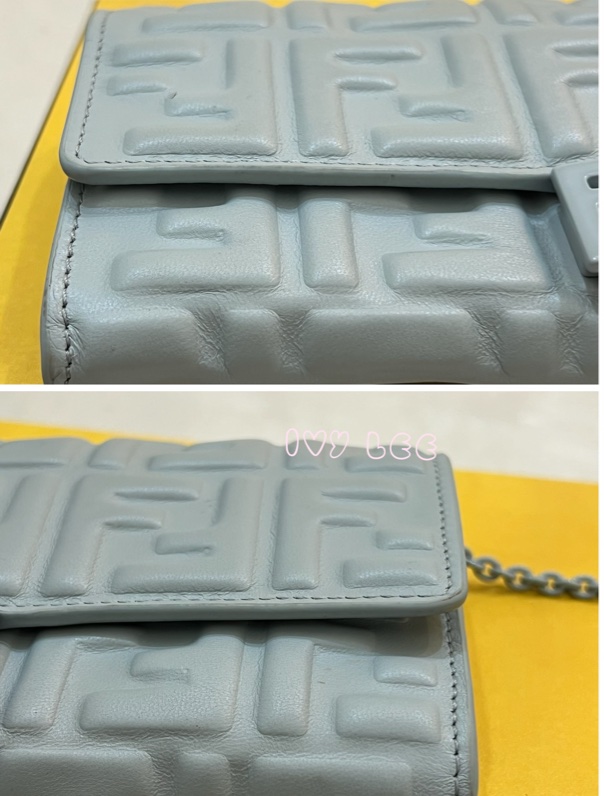 Fendi 8M0365 Baguette FF 立體浮雕小羊皮 WOC 長款皮夾配飾鏈 灰藍 正品 二手精品-17
