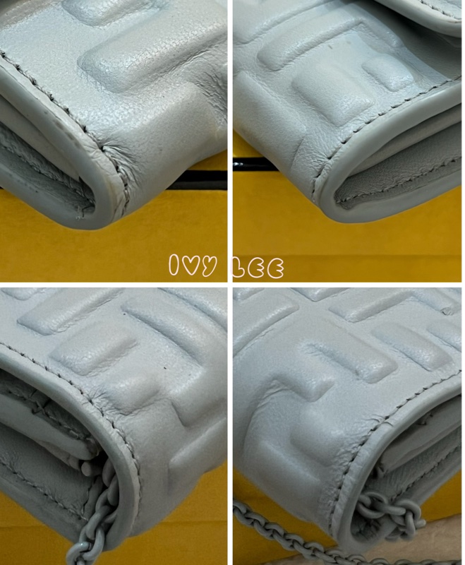 Fendi 8M0365 Baguette FF 立體浮雕小羊皮 WOC 長款皮夾配飾鏈 灰藍 正品 二手精品-18
