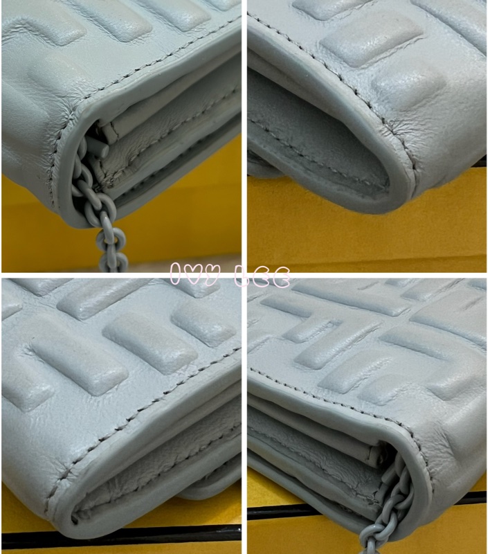 Fendi 8M0365 Baguette FF 立體浮雕小羊皮 WOC 長款皮夾配飾鏈 灰藍 正品 二手精品-19
