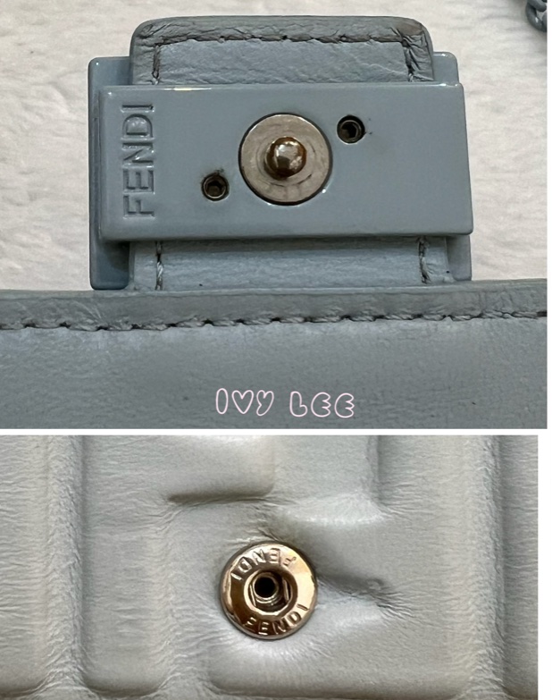 Fendi 8M0365 Baguette FF 立體浮雕小羊皮 WOC 長款皮夾配飾鏈 灰藍 正品 二手精品-20