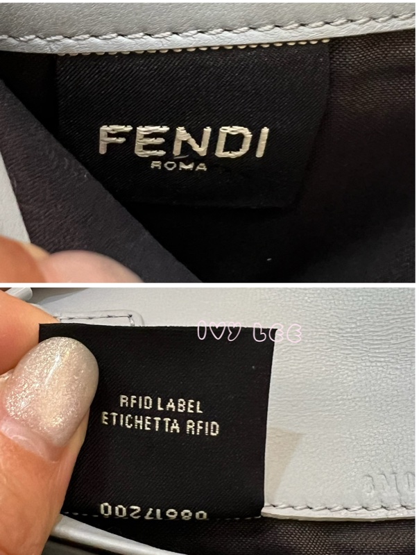 Fendi 8M0365 Baguette FF 立體浮雕小羊皮 WOC 長款皮夾配飾鏈 灰藍 正品 二手精品-21