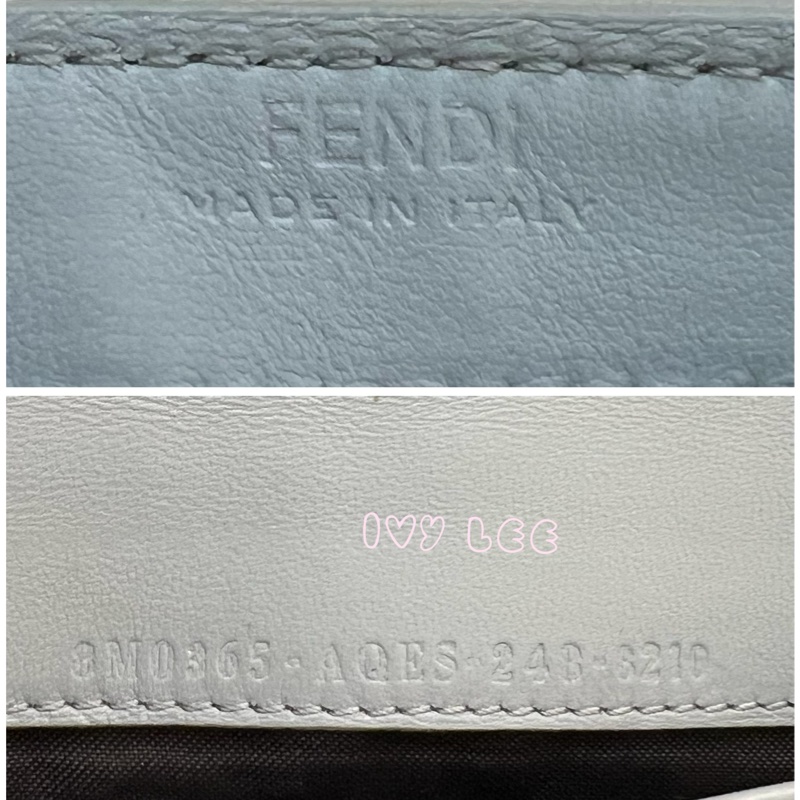 Fendi 8M0365 Baguette FF 立體浮雕小羊皮 WOC 長款皮夾配飾鏈 灰藍 正品 二手精品-22