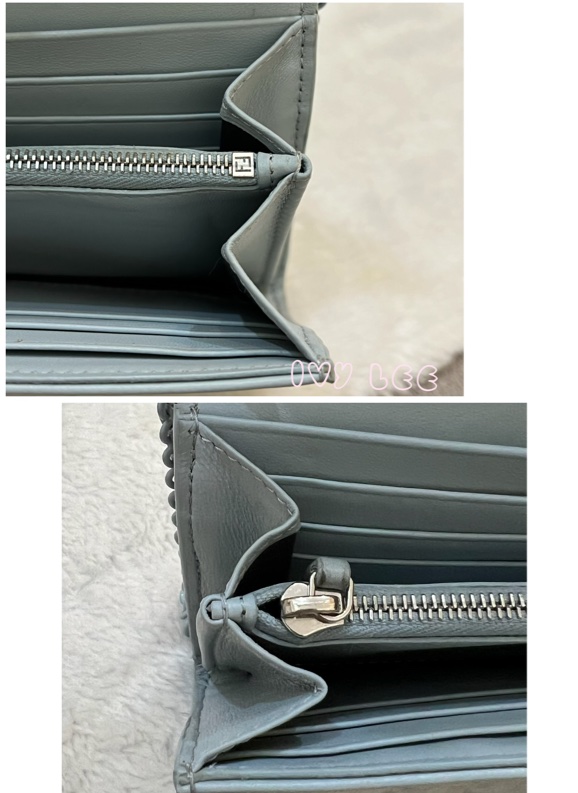Fendi 8M0365 Baguette FF 立體浮雕小羊皮 WOC 長款皮夾配飾鏈 灰藍 正品 二手精品-23