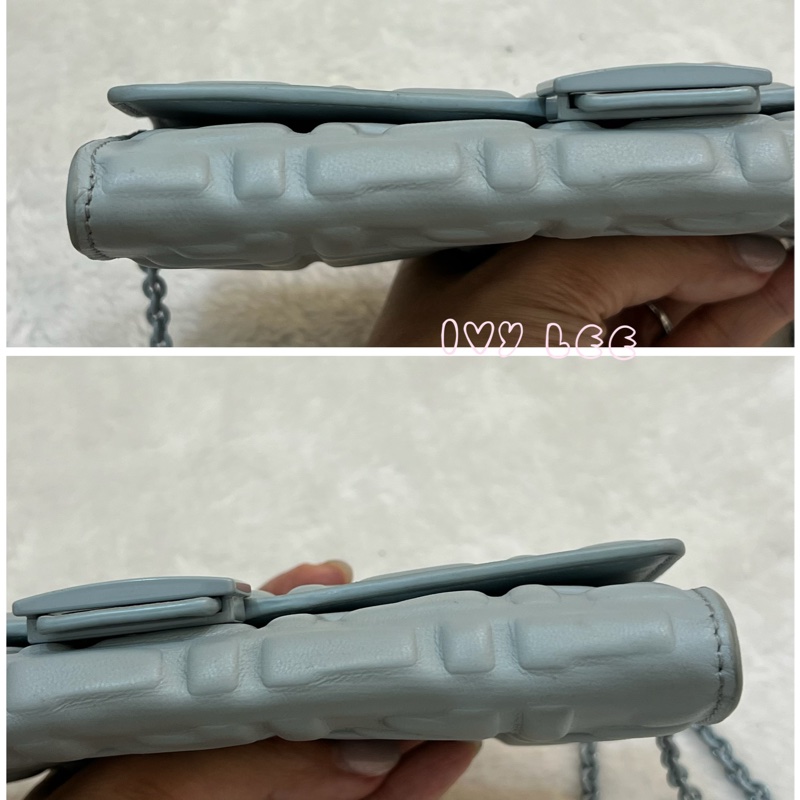 Fendi 8M0365 Baguette FF 立體浮雕小羊皮 WOC 長款皮夾配飾鏈 灰藍 正品 二手精品-26
