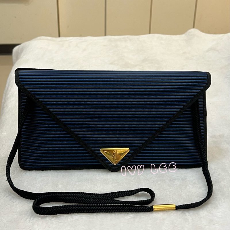 Saint Laurent vintage  黑、藍 帆布拼接  橫線條 復古信封包 斜背包 正品 二手精品-0