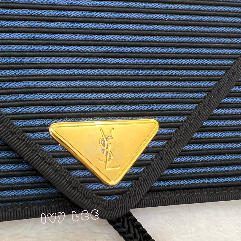 Saint Laurent vintage  黑、藍 帆布拼接  橫線條 復古信封包 斜背包 正品 二手精品-2