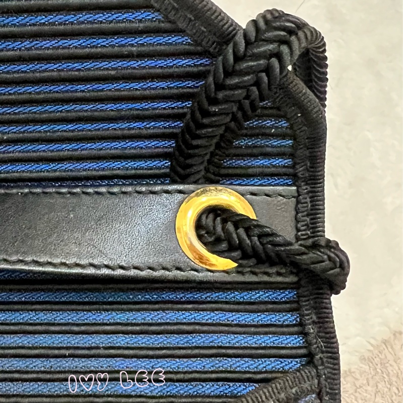 Saint Laurent vintage  黑、藍 帆布拼接  橫線條 復古信封包 斜背包 正品 二手精品-3