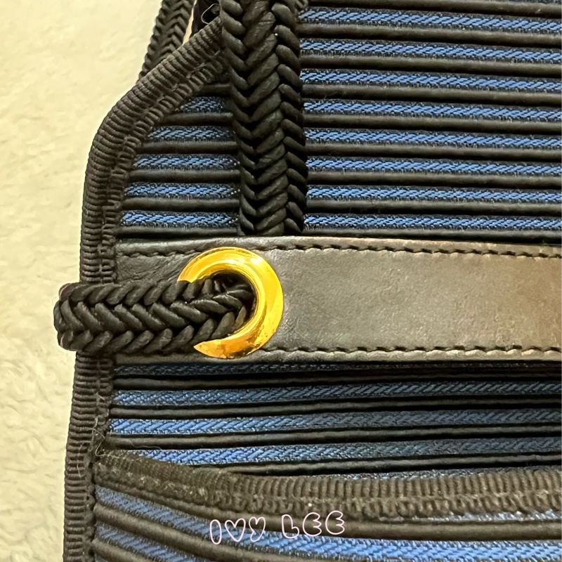 Saint Laurent vintage  黑、藍 帆布拼接  橫線條 復古信封包 斜背包 正品 二手精品-4
