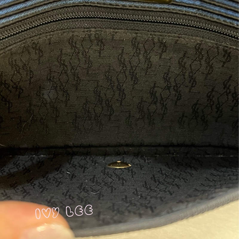 Saint Laurent vintage  黑、藍 帆布拼接  橫線條 復古信封包 斜背包 正品 二手精品-6