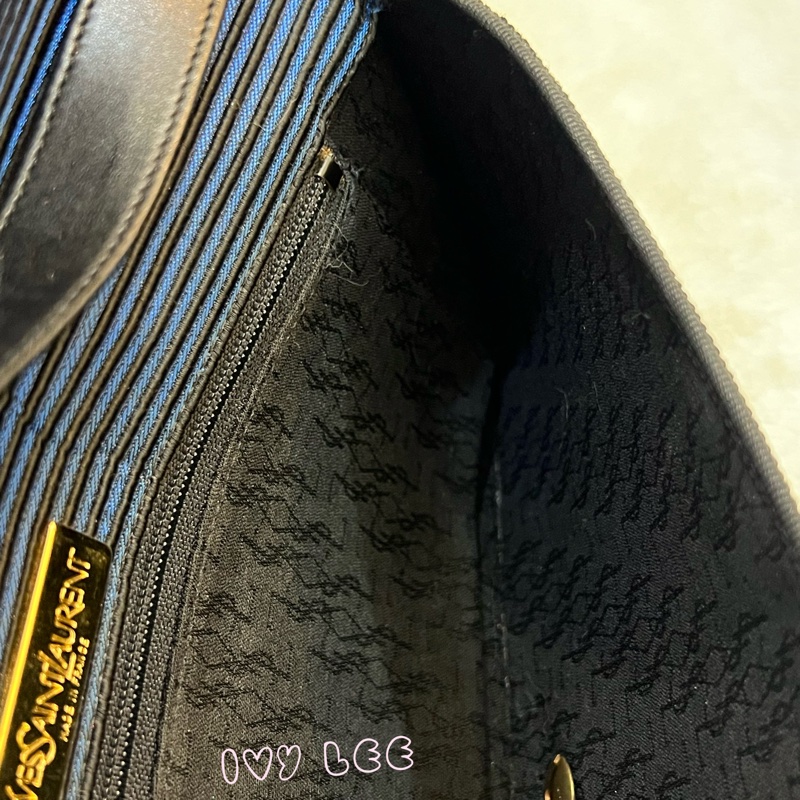 Saint Laurent vintage  黑、藍 帆布拼接  橫線條 復古信封包 斜背包 正品 二手精品-7