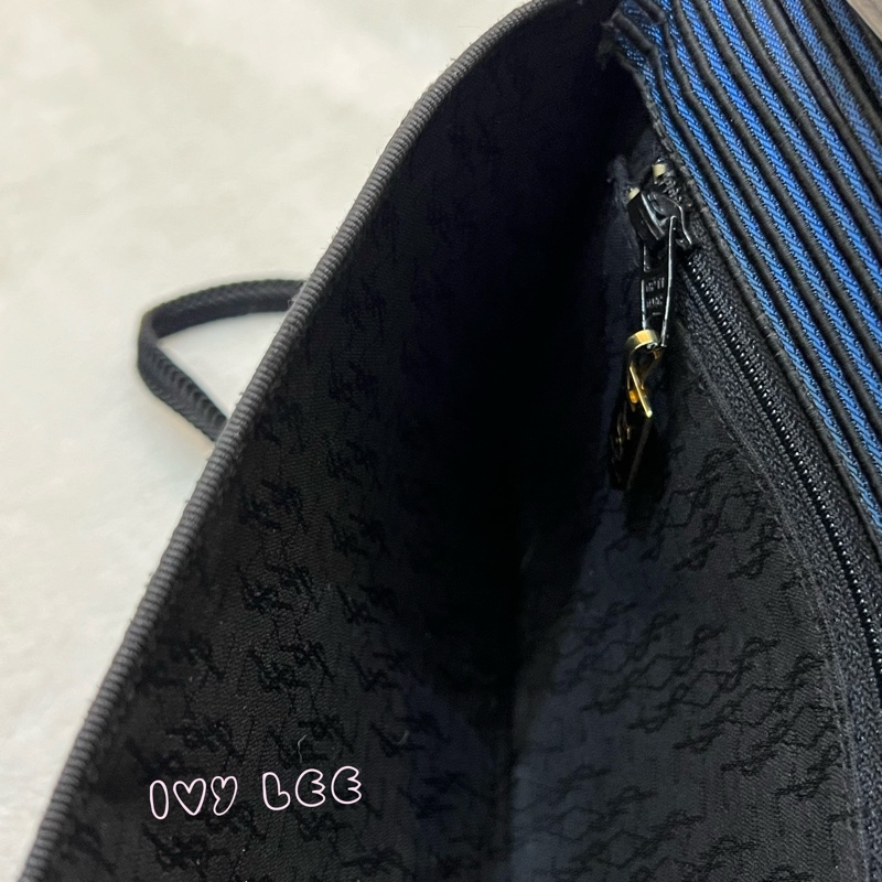 Saint Laurent vintage  黑、藍 帆布拼接  橫線條 復古信封包 斜背包 正品 二手精品-8