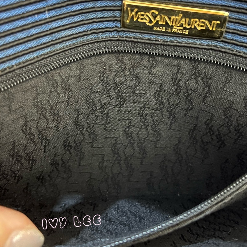 Saint Laurent vintage  黑、藍 帆布拼接  橫線條 復古信封包 斜背包 正品 二手精品-9