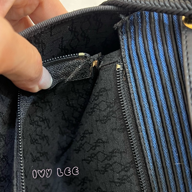 Saint Laurent vintage  黑、藍 帆布拼接  橫線條 復古信封包 斜背包 正品 二手精品-10