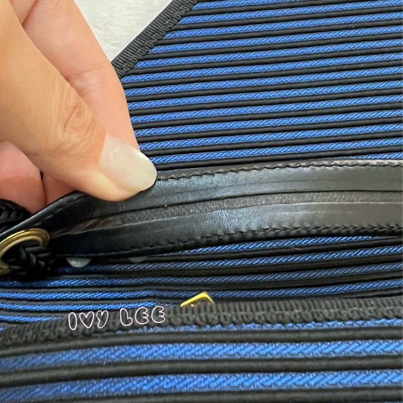 Saint Laurent vintage  黑、藍 帆布拼接  橫線條 復古信封包 斜背包 正品 二手精品-15