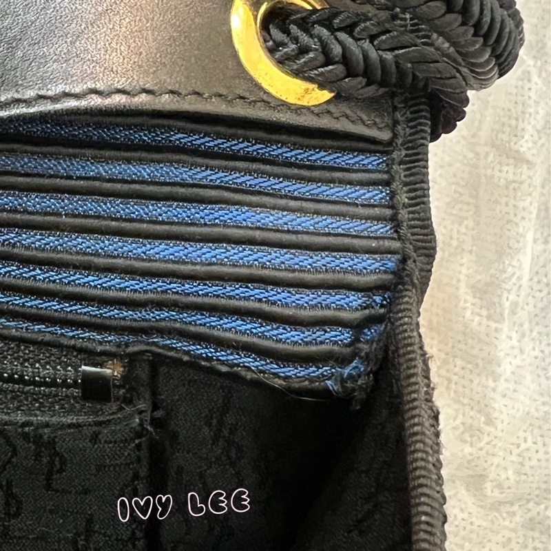 Saint Laurent vintage  黑、藍 帆布拼接  橫線條 復古信封包 斜背包 正品 二手精品-17