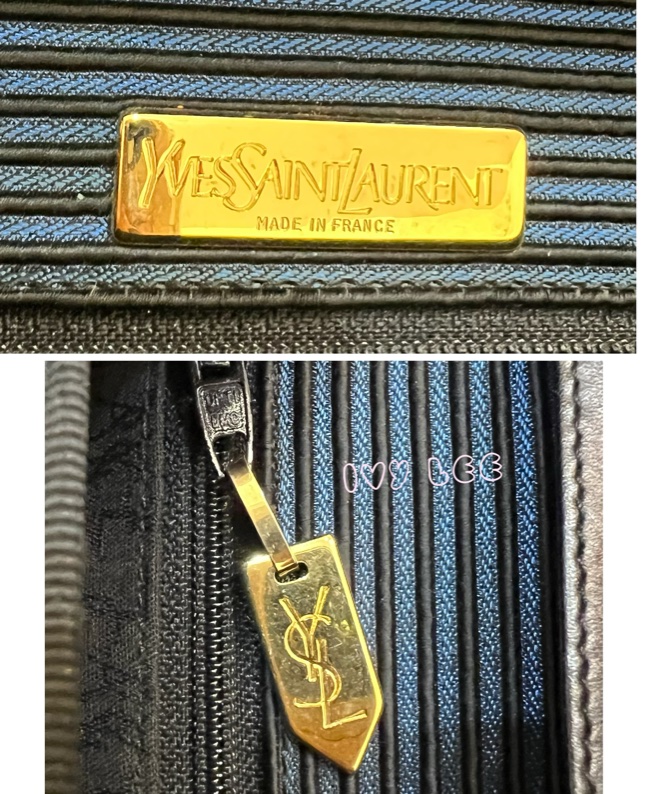 Saint Laurent vintage  黑、藍 帆布拼接  橫線條 復古信封包 斜背包 正品 二手精品-21